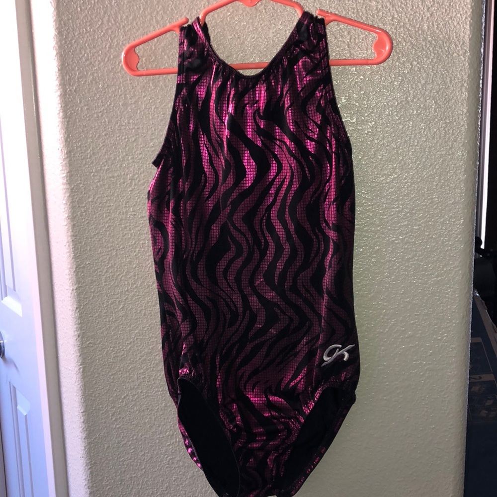 GK Elite pink/black zebra stripe leotard CL